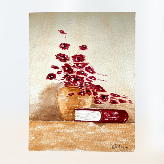 Aquarelle d'un vase fleuri et de son livre